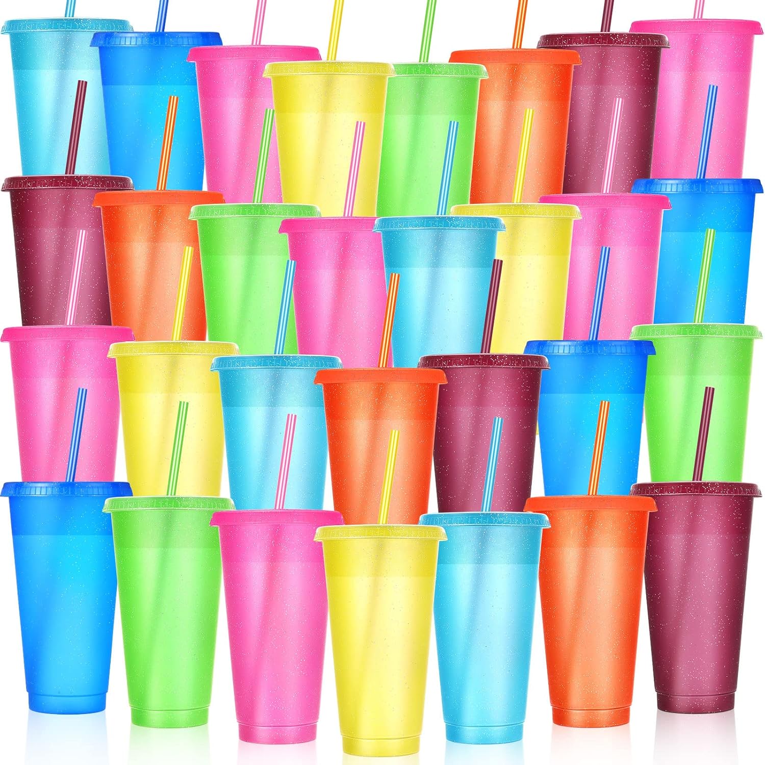 30 Pack Glitter Plastic Cups with Straw and Lid for Parties