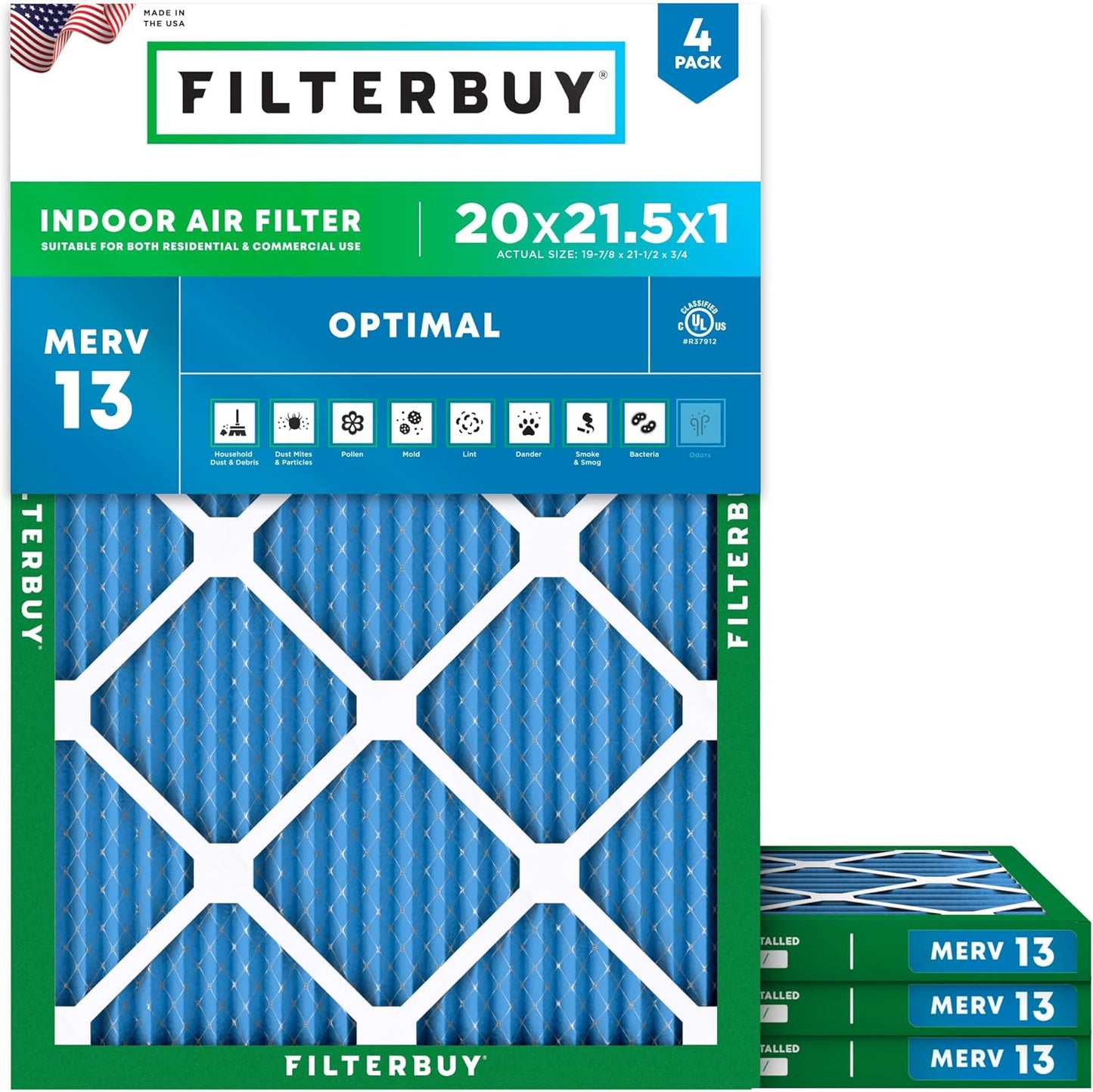 Filterbuy 20x21.5x1 Air Filter MERV 13 for Smoke & Allergy Defense