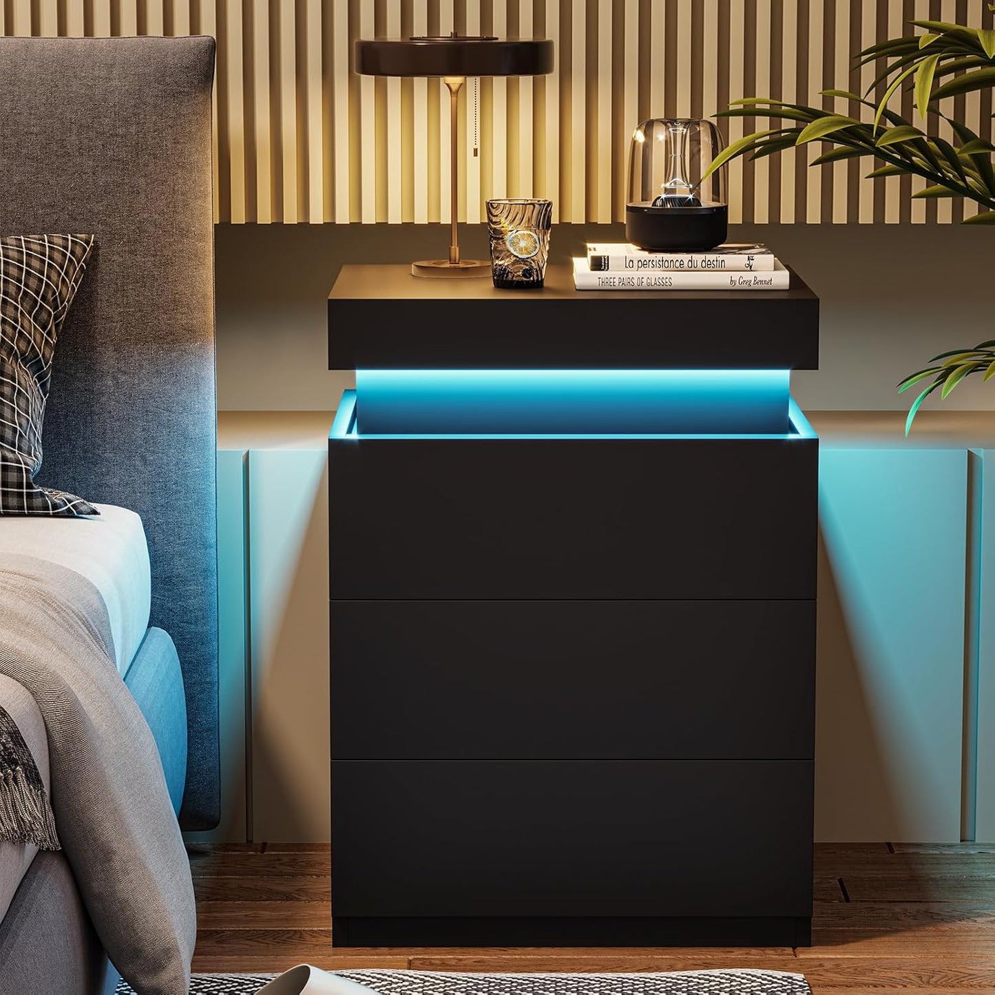 ADORNEVE Nightstand with Charging Station and LED Lights for Bedroom