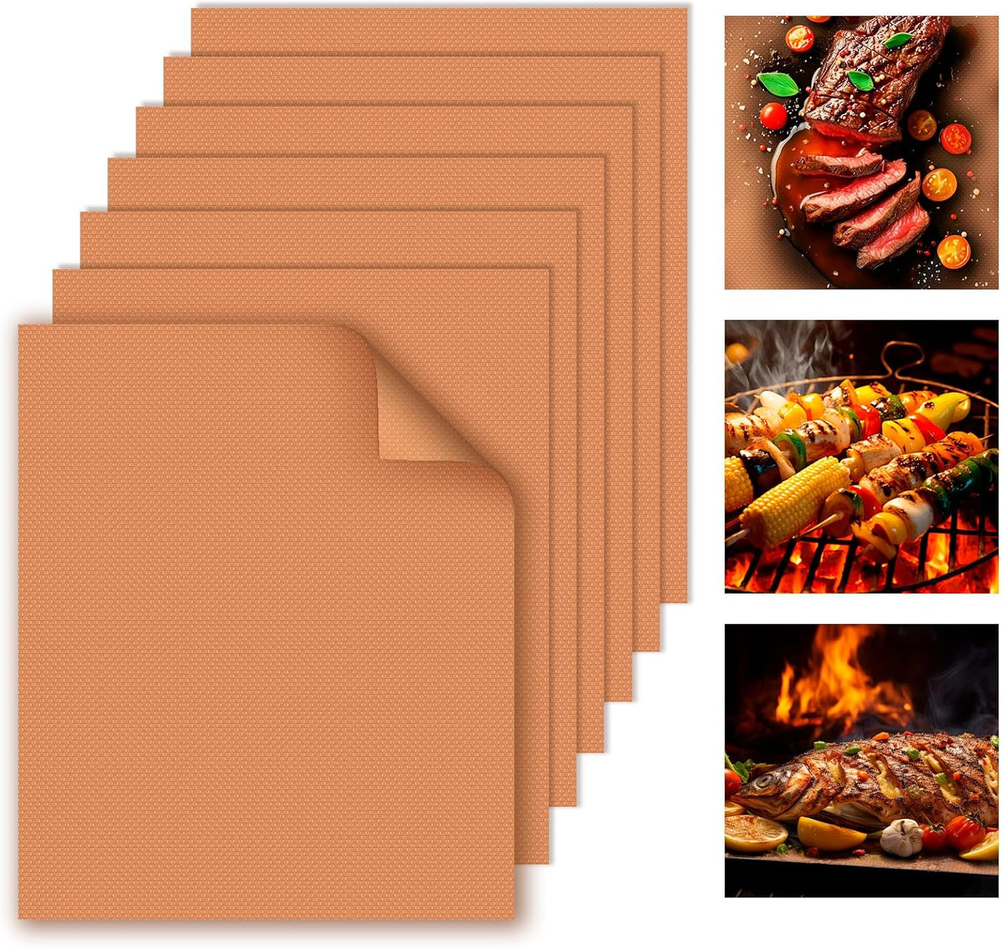 Non-Stick Copper Grill Mats - 7pcs Set | Reusable, Easy Clean | BBQ Safe