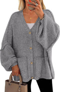 Chunky V Neck Cardigan for Women - Oversized Lantern Sleeve Sweater