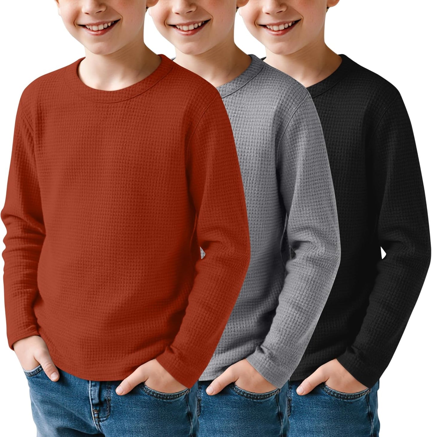 Boys Waffle Long Sleeve T-Shirts 3 Pack for Ages 5-14