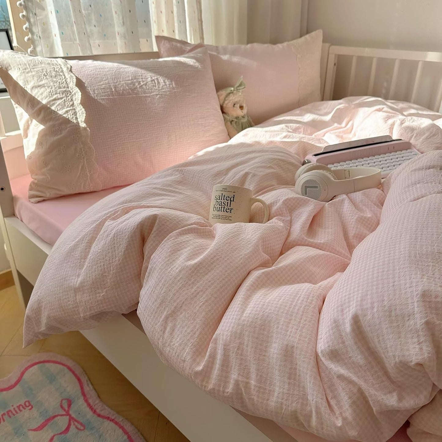Mixinni Pink Gingham Duvet Cover King Size - Vintage Aesthetic Set