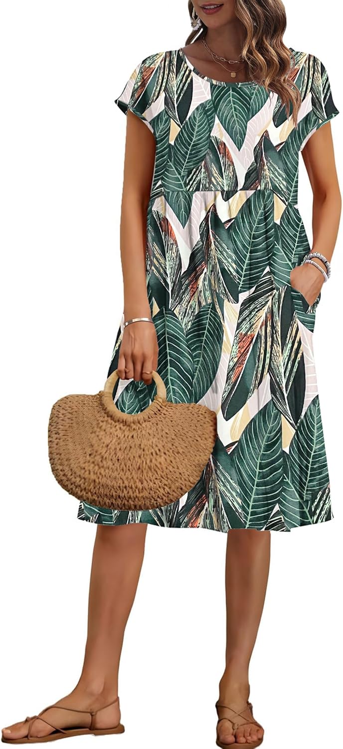 AUSELILY Women's Summer Short Sleeve Knee-Length Dress with Pockets