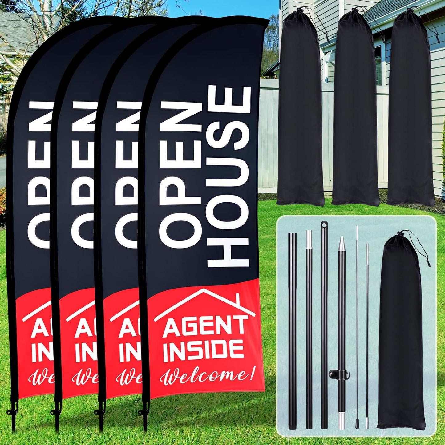Open House Flags Signs for Real Estate Agents - 4 Pack Set