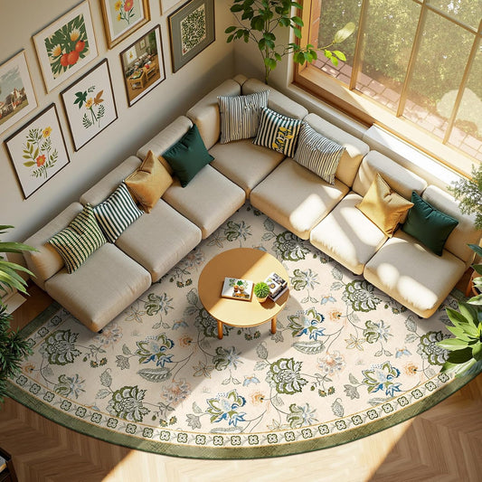 Floral Corner Rug for Living Room with Vintage Romance Design