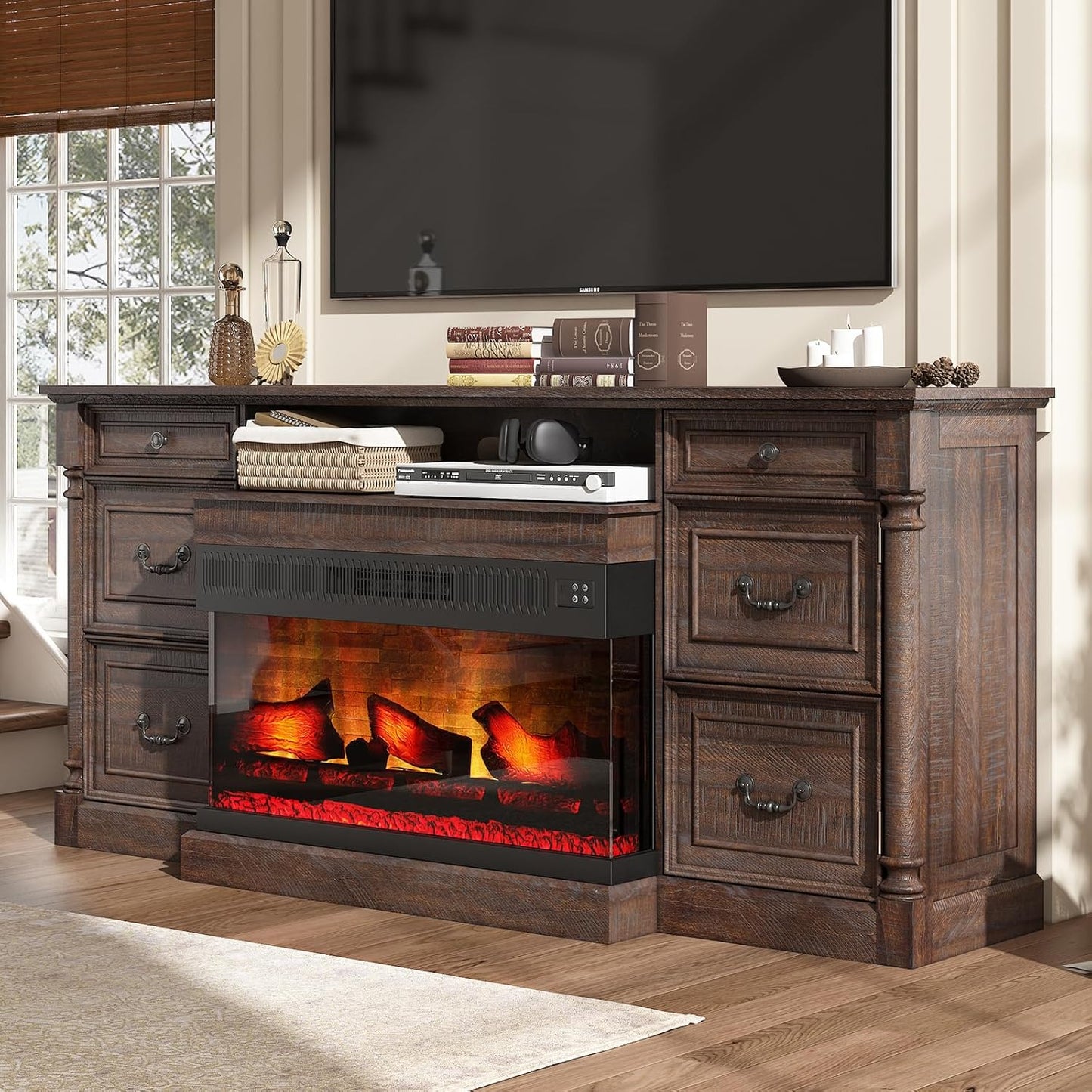 Farmhouse Fireplace TV Stand w/ Roman Column, Storage, TVs up to 85