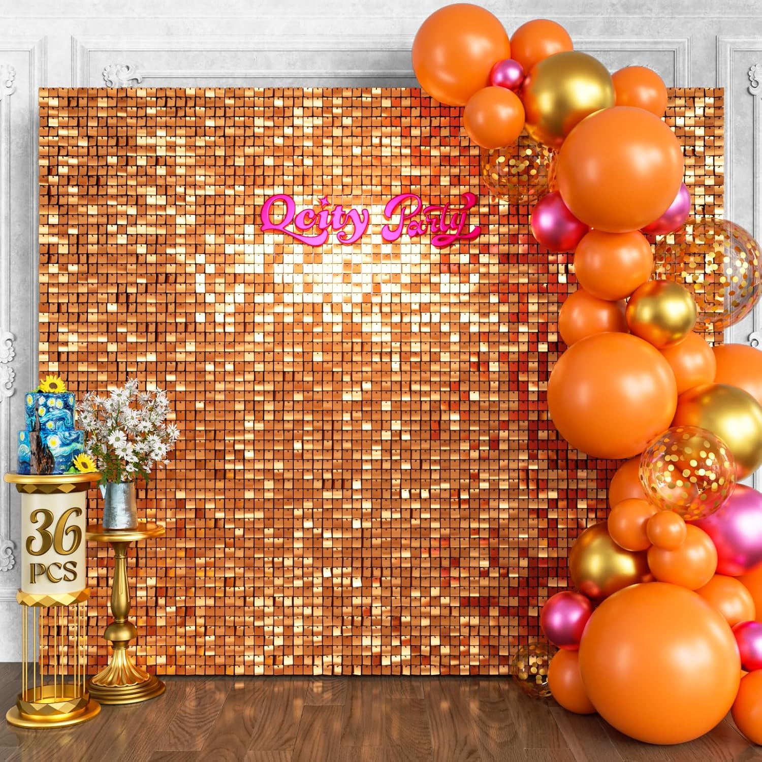 Qcity Orange Shimmer Wall Backdrop 36PCS for Stunning Events