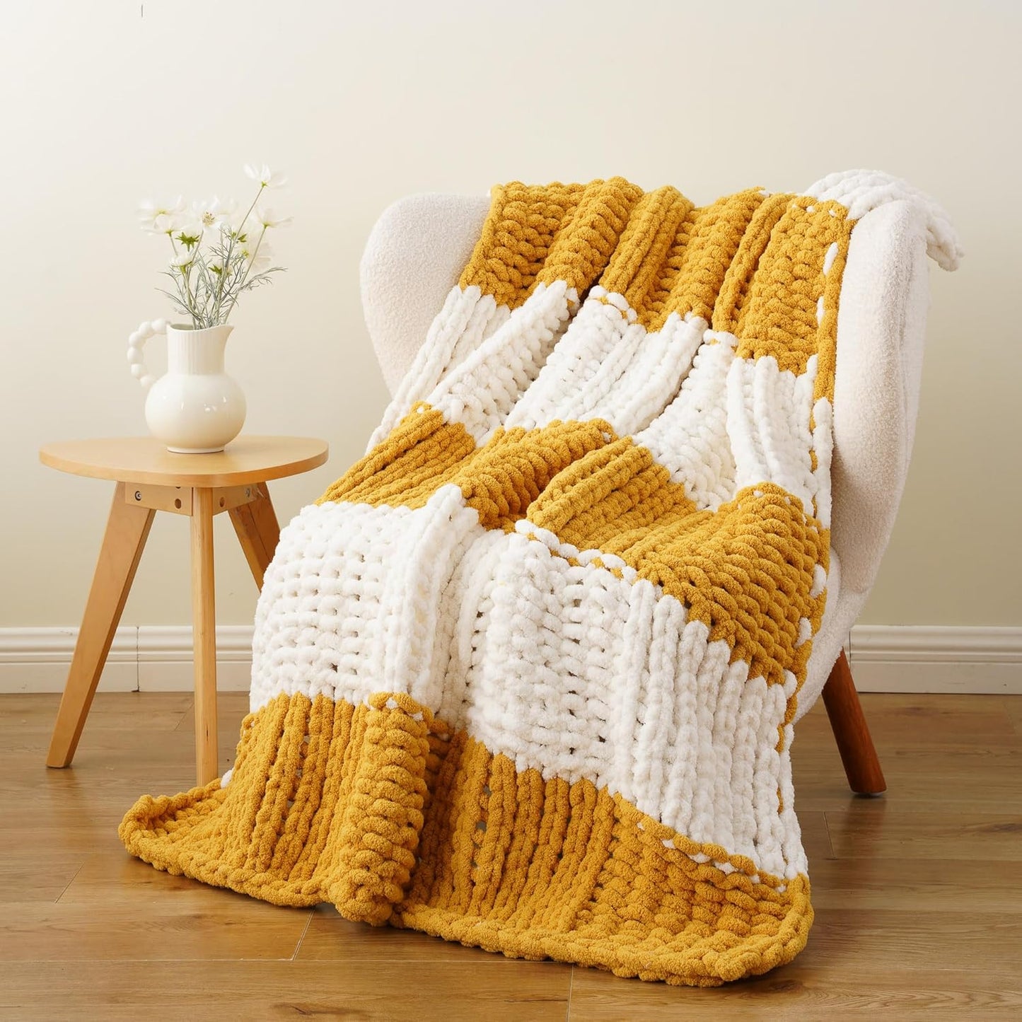 Mustard Yellow Chunky Knit Throw Blanket for Cozy Home Decor