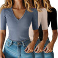 Riyiper Women's Half Sleeve Ribbed Cotton V Neck Tee - Slim Fit Shoes