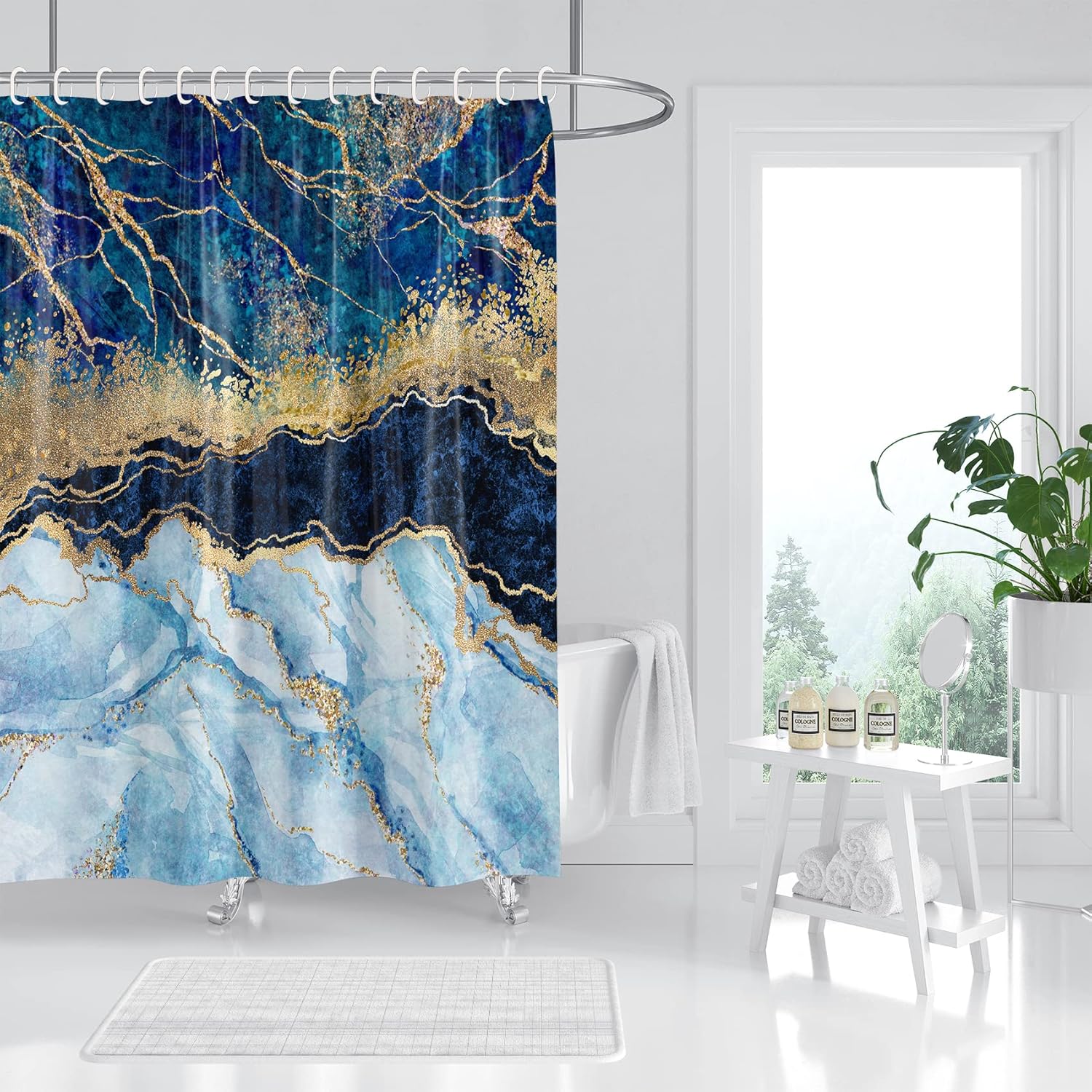 Blue Marble Shower Curtain Set - Luxury Waterproof Fabric