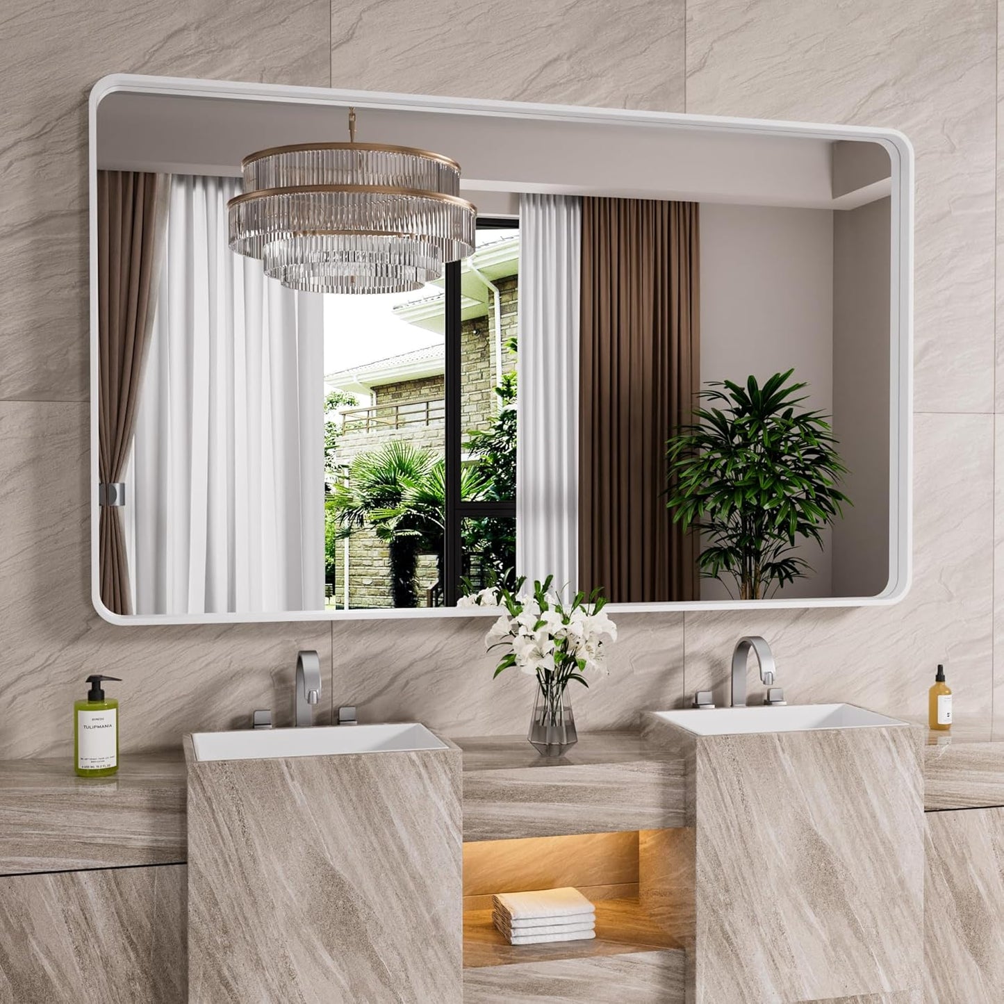 White Bathroom Mirror 60x28 Inch with Rounded Rectangle Design