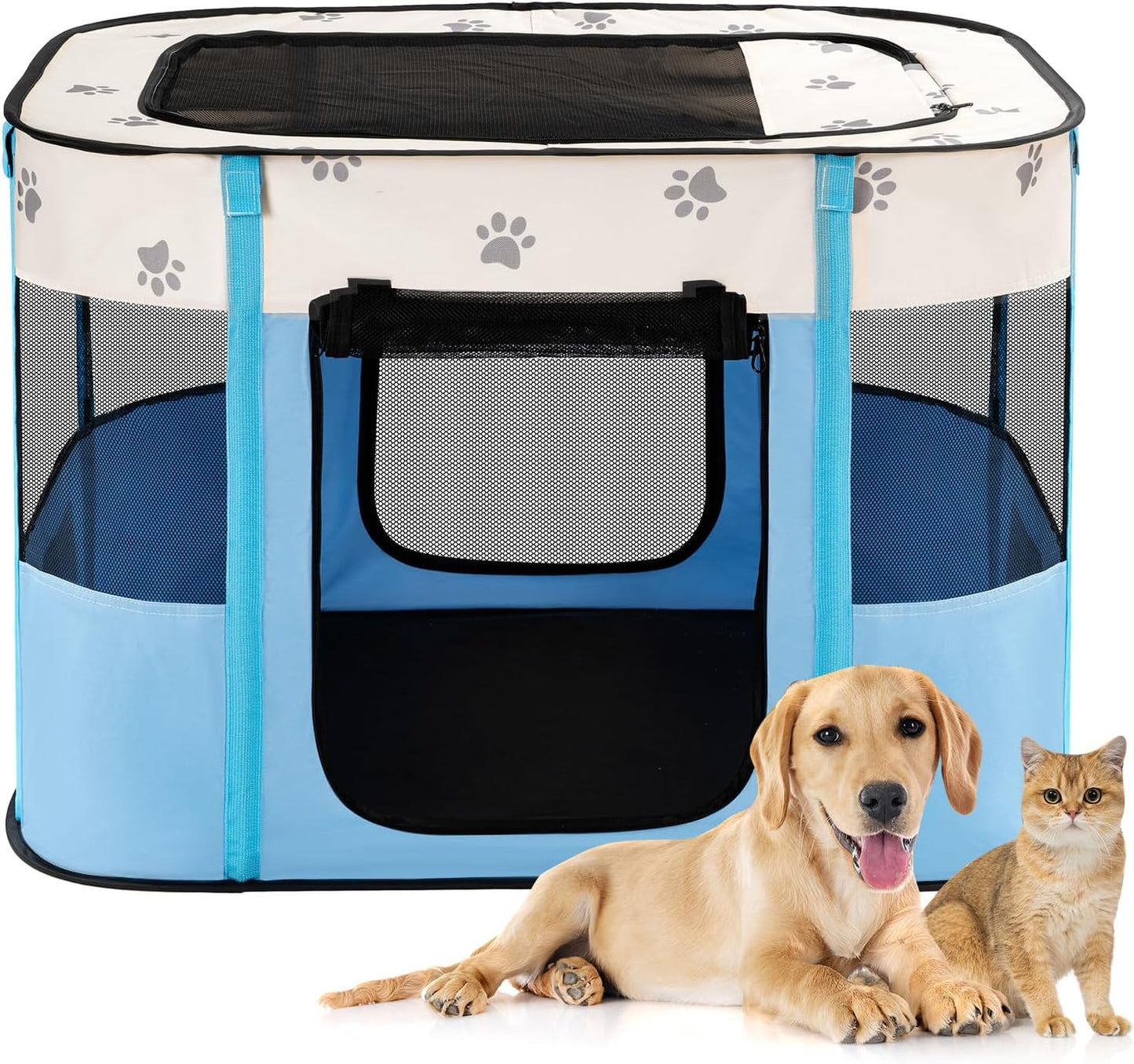 Portable Blue Pet Playpen with Mesh Door