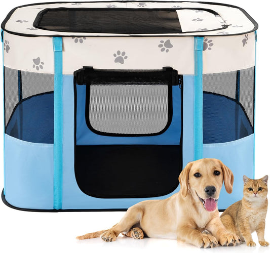 Portable Blue Pet Playpen with Mesh Door