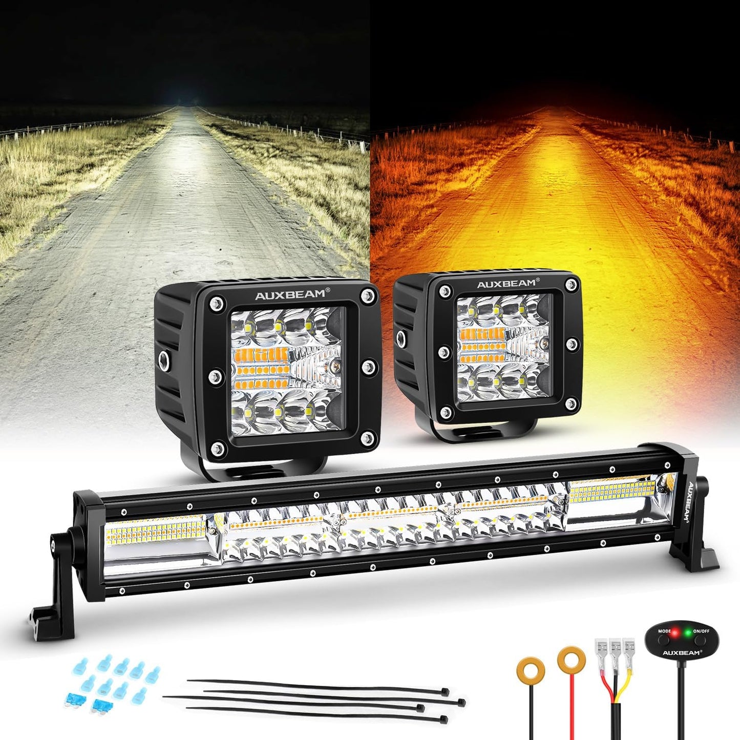 Auxbeam 22in LED Light Bar with 3in Pods - 6 Modes Offroad Lights
