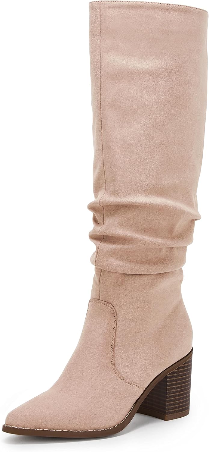 Huiyuzhi Womens Pointed Toe Mid Chunky Heel Knee High Boots