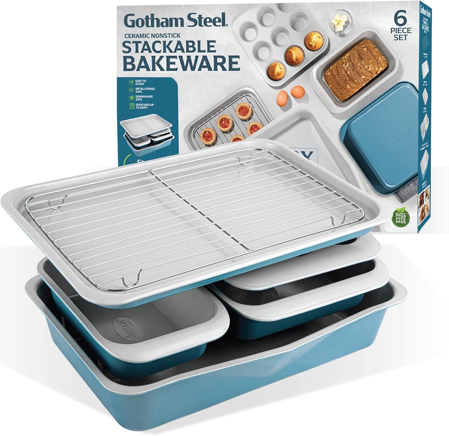 Gotham Steel 6 Pc Stackable Baking Pans Set for Perfect Baking