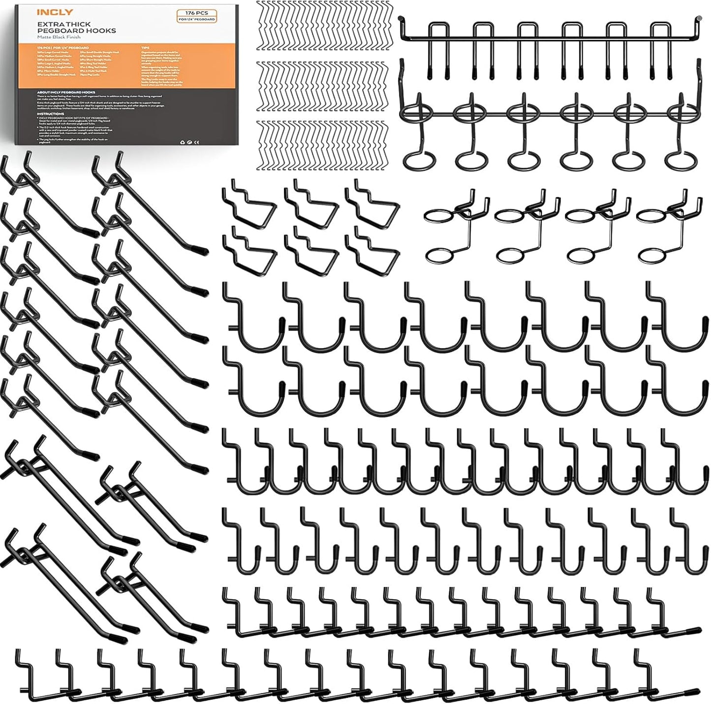 INCLY 176PCS Extra Thick Pegboard Hooks for Tool Organization