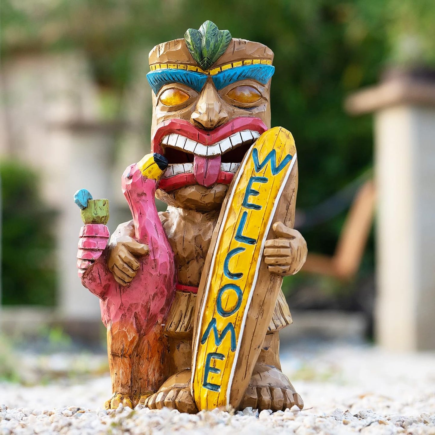 Outdoor Tiki Statue with Surfboard Flamingo for Garden Decor