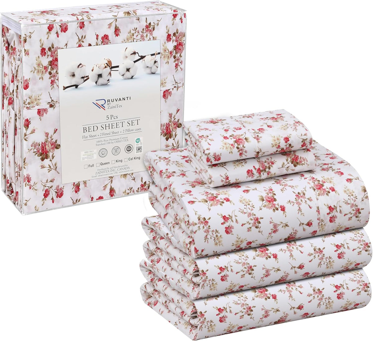 100% Cotton Split King Sheets Sets for Adjustable Beds, 5 PCs