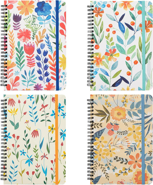 Floral Hardcover Notebooks 4 Pack for Girls - College Ruled, Inner Pocket