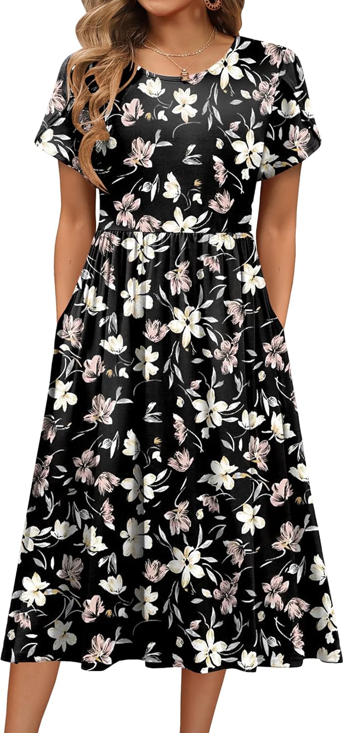 HOTOUCH Women's Summer Short Sleeve A-Line Midi Dresses