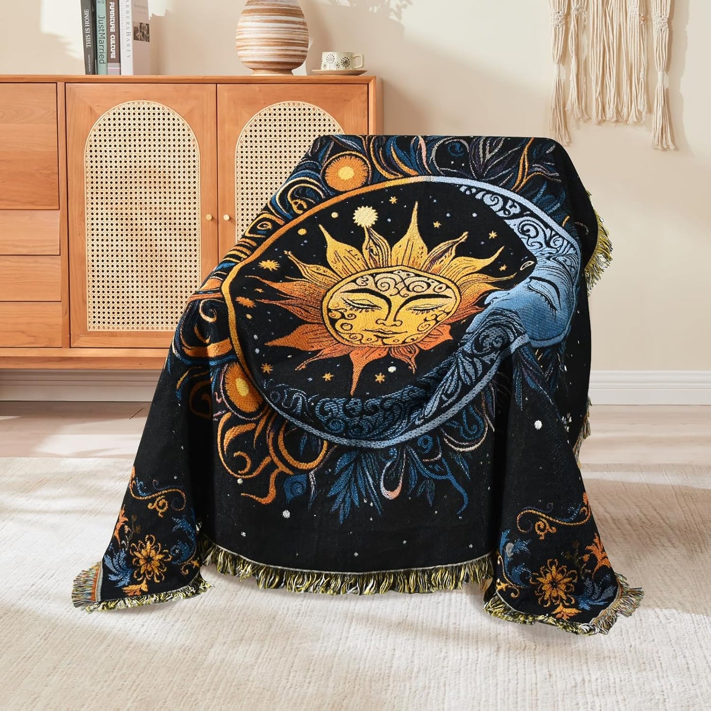 Boho Throw Blanket Reversible Cotton Tapestry for Cozy Decor