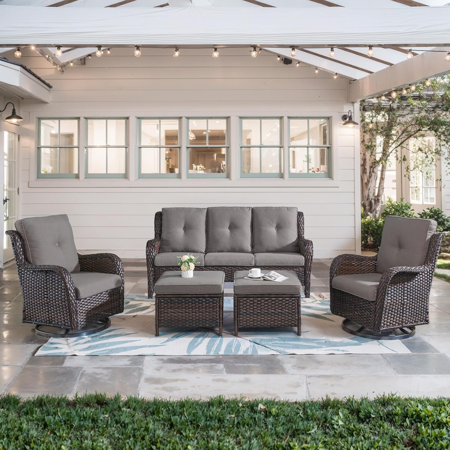 5 Piece Outdoor Patio Furniture Set with Swivel Rocker Chairs