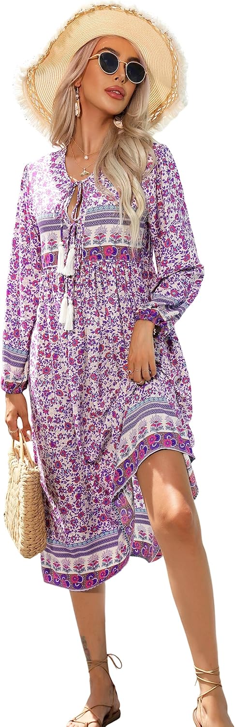 R.Vivimos Women's Long Sleeve Floral Print Bohemian Midi Dress