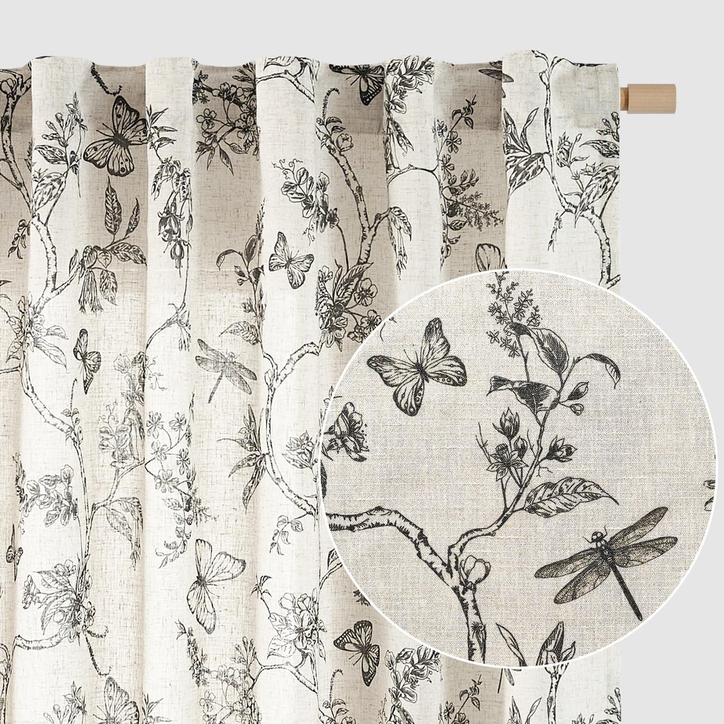 Linen Farmhouse Curtains with Black Floral Design for Windows
