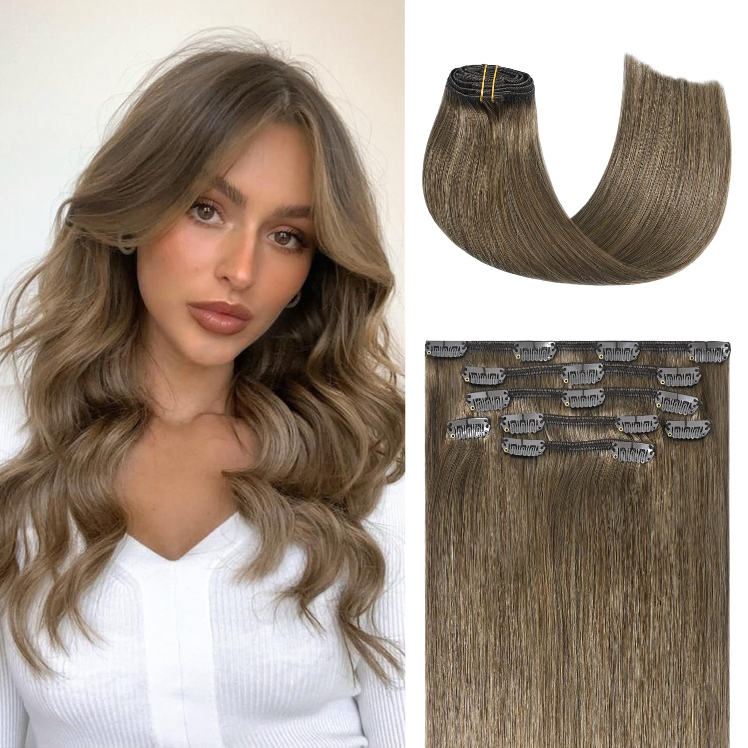 Honsoo Clip in Human Hair Extensions 20Inch Ash Brown Silky Hair
