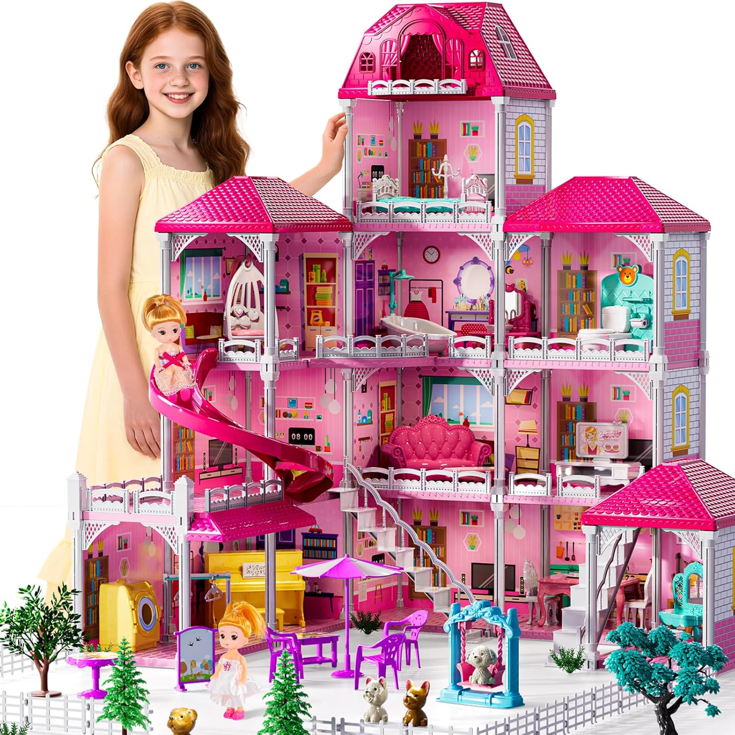 Villa Playset for Girls Ages 3-7, 4-Story House with Dolls