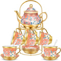 20 Pcs Porcelain Tea Set for Adults with Metal Holder and Spoon