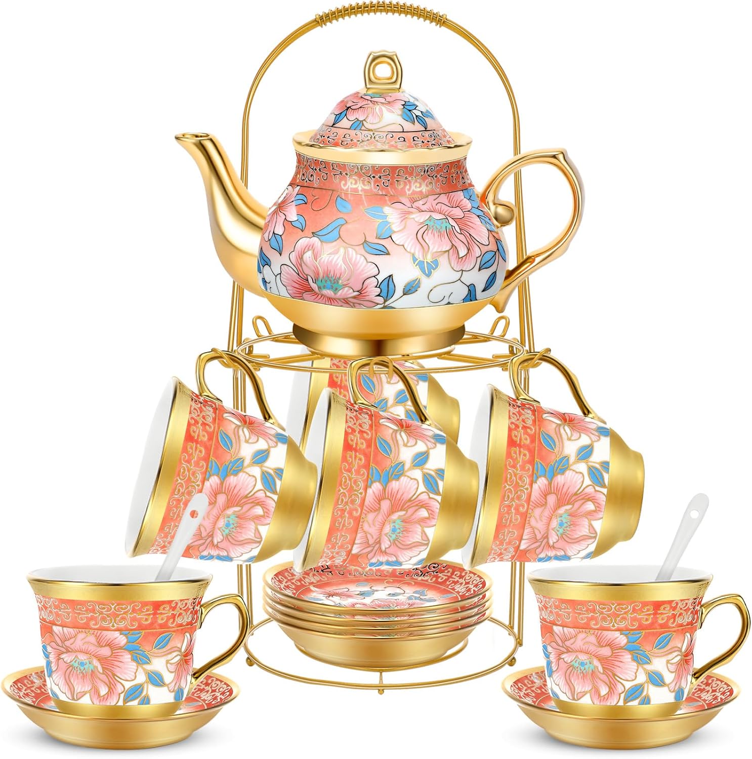 20 Pcs Porcelain Tea Set for Adults with Metal Holder and Spoon