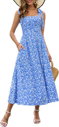 Womens Spaghetti Strap Floral Maxi Dress with Pockets - Smocked Summer
