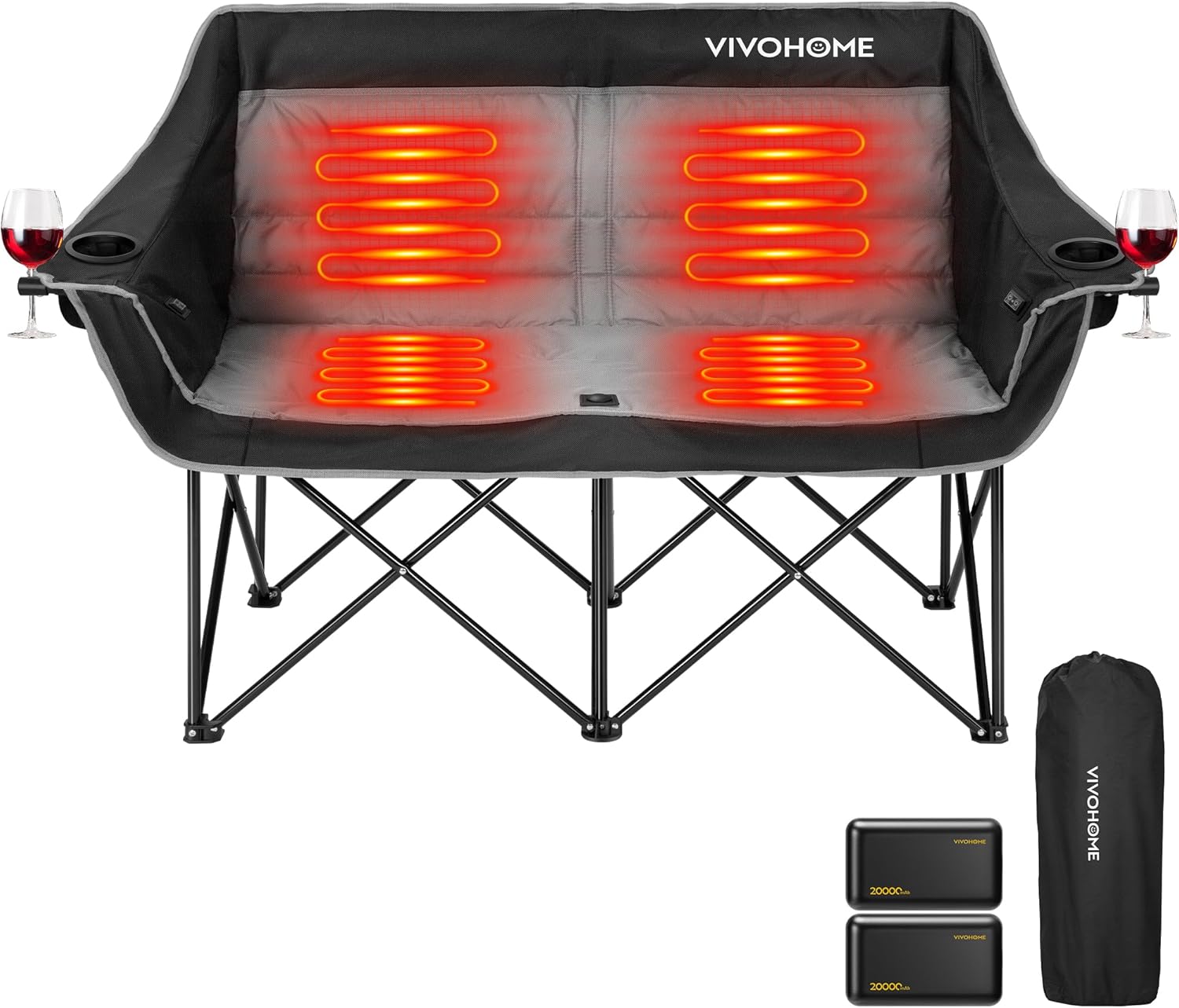 VIVOHOME Heated Double Camping Chair with Fast Charging Power Bank