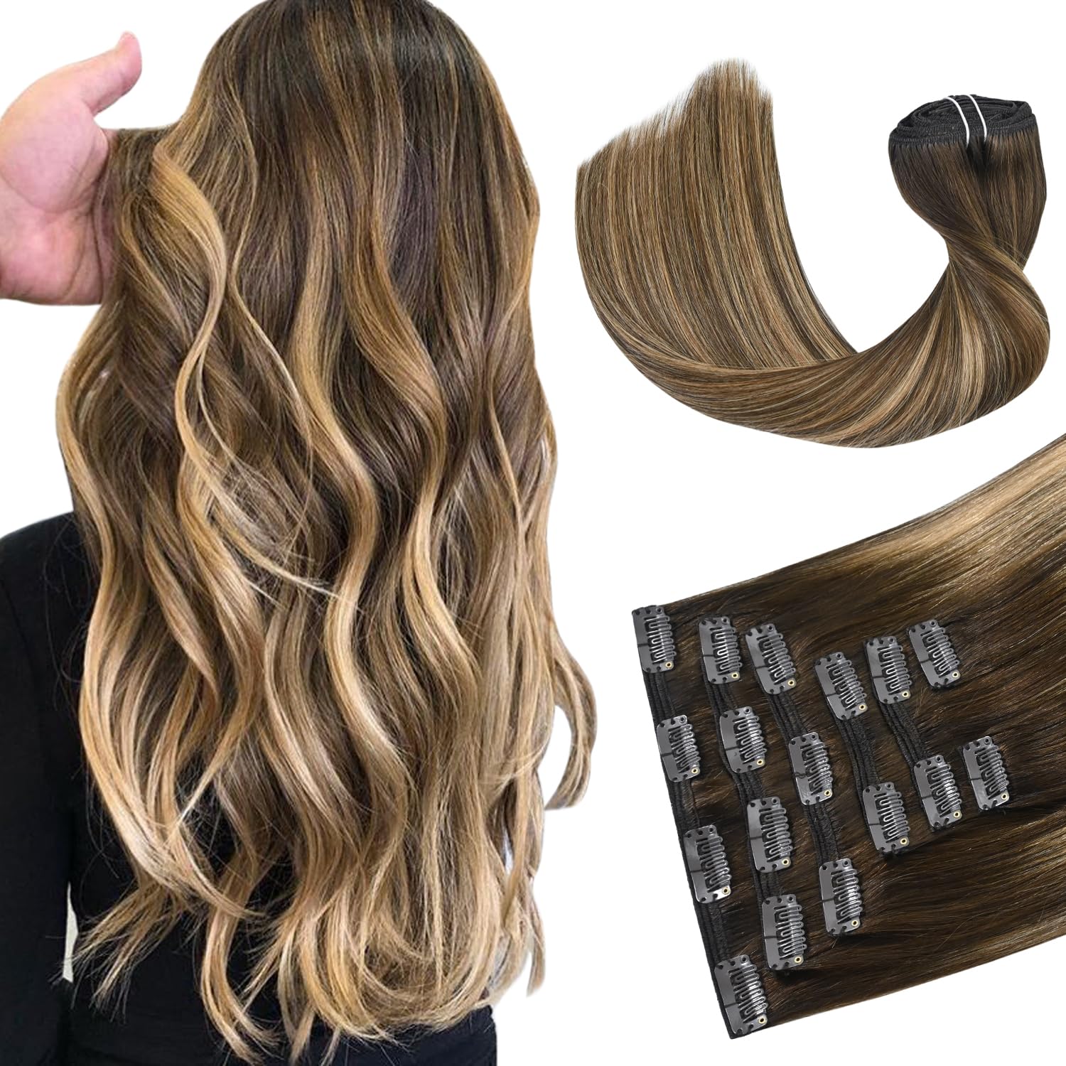 HUAYI Hair Extensions Real Human Hair Ombre Balayage 16 in