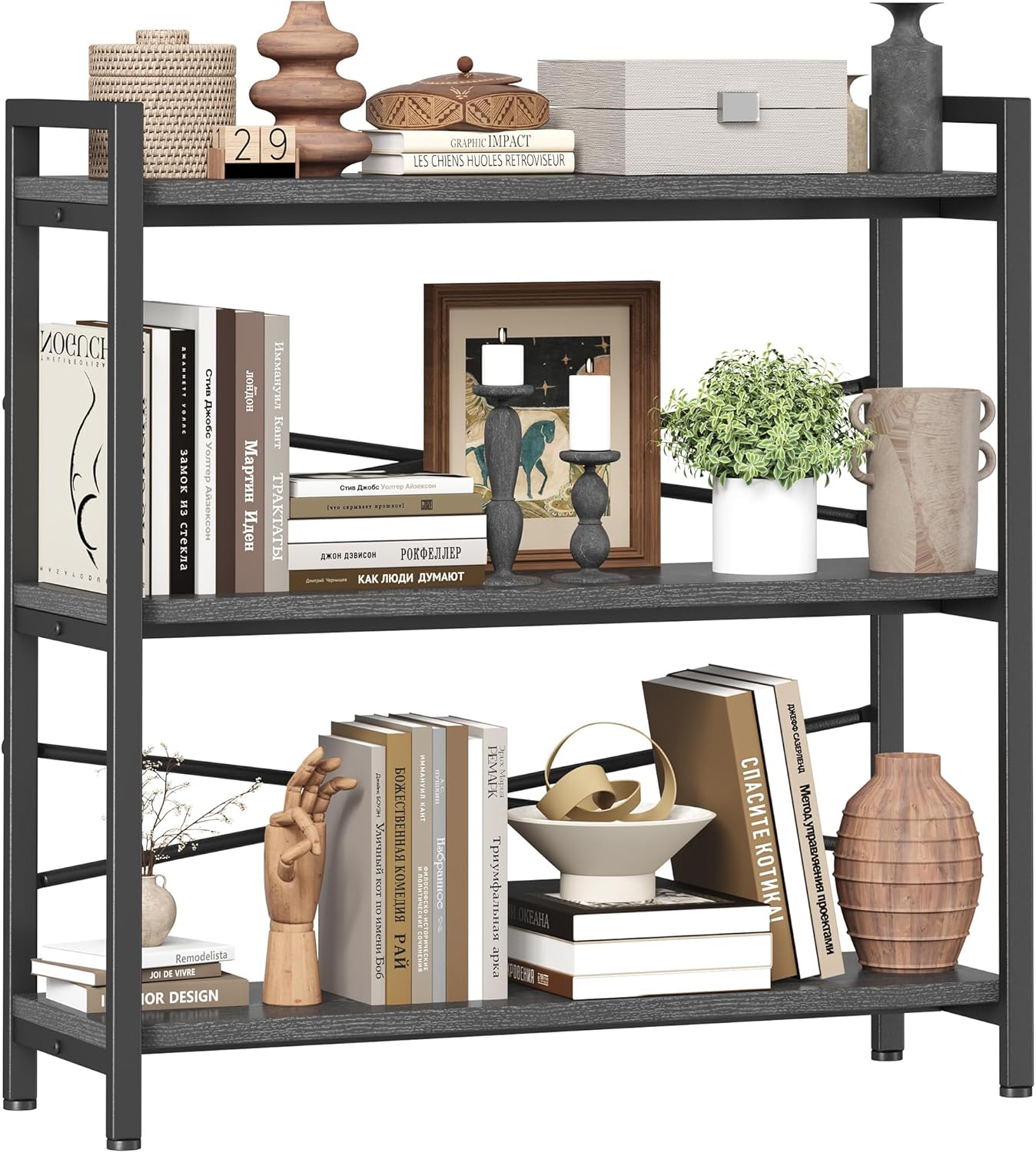 3 Tier Bookshelf for Storage and Organization in Grey Finish