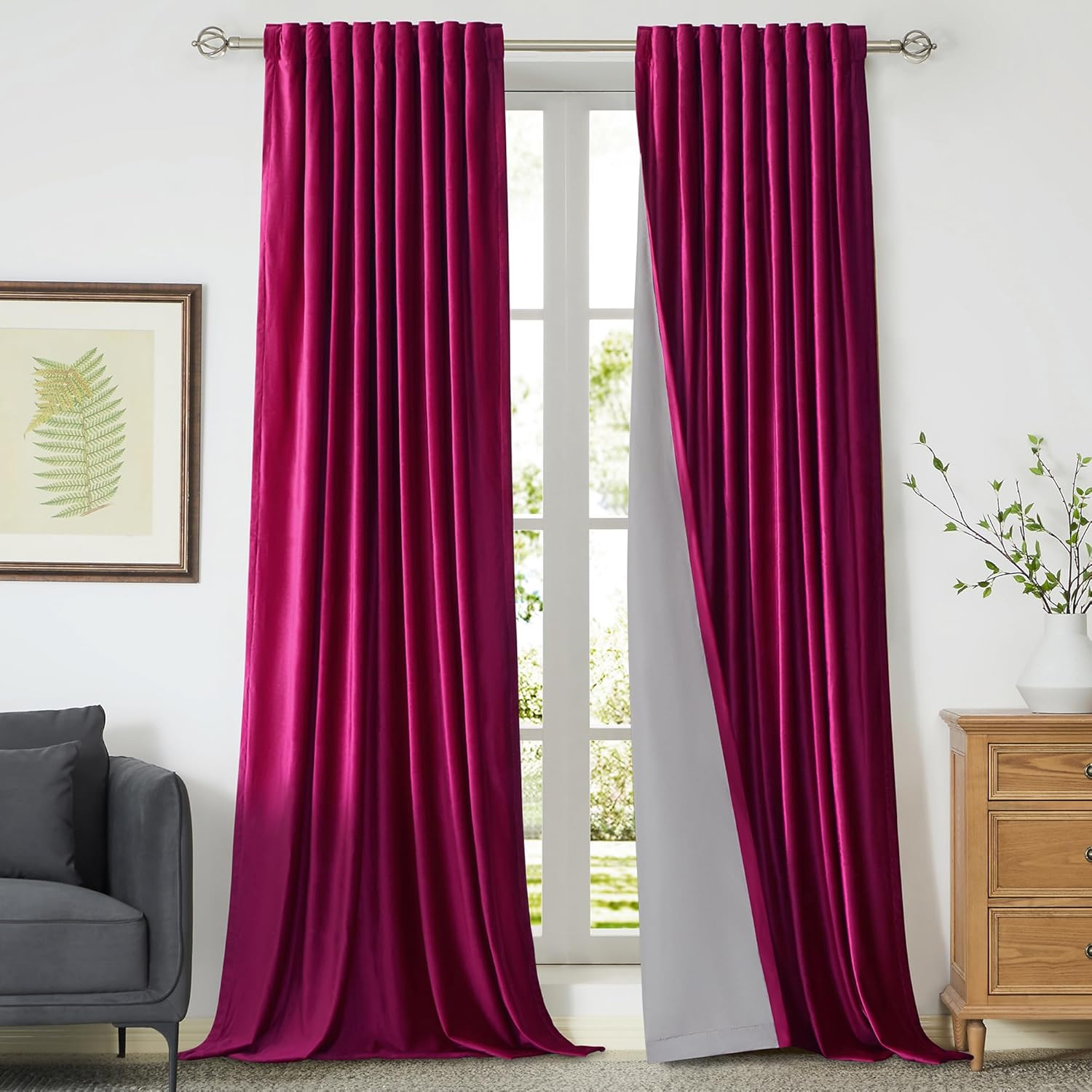 100% Blackout Hot Pink Velvet Curtains for Living Room Decor
