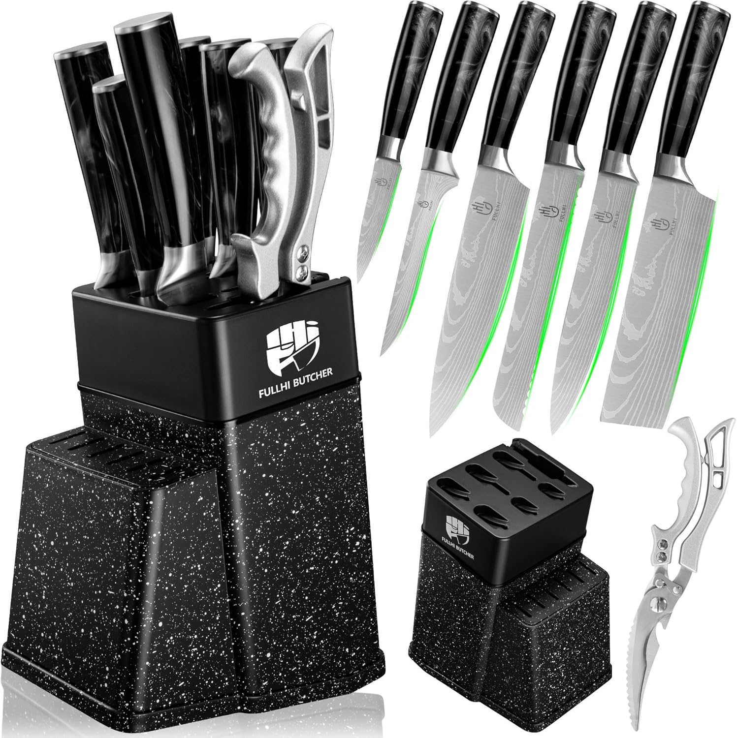 FULLHI 8pcs Block Knife Set with Sharpener for Kitchen Use