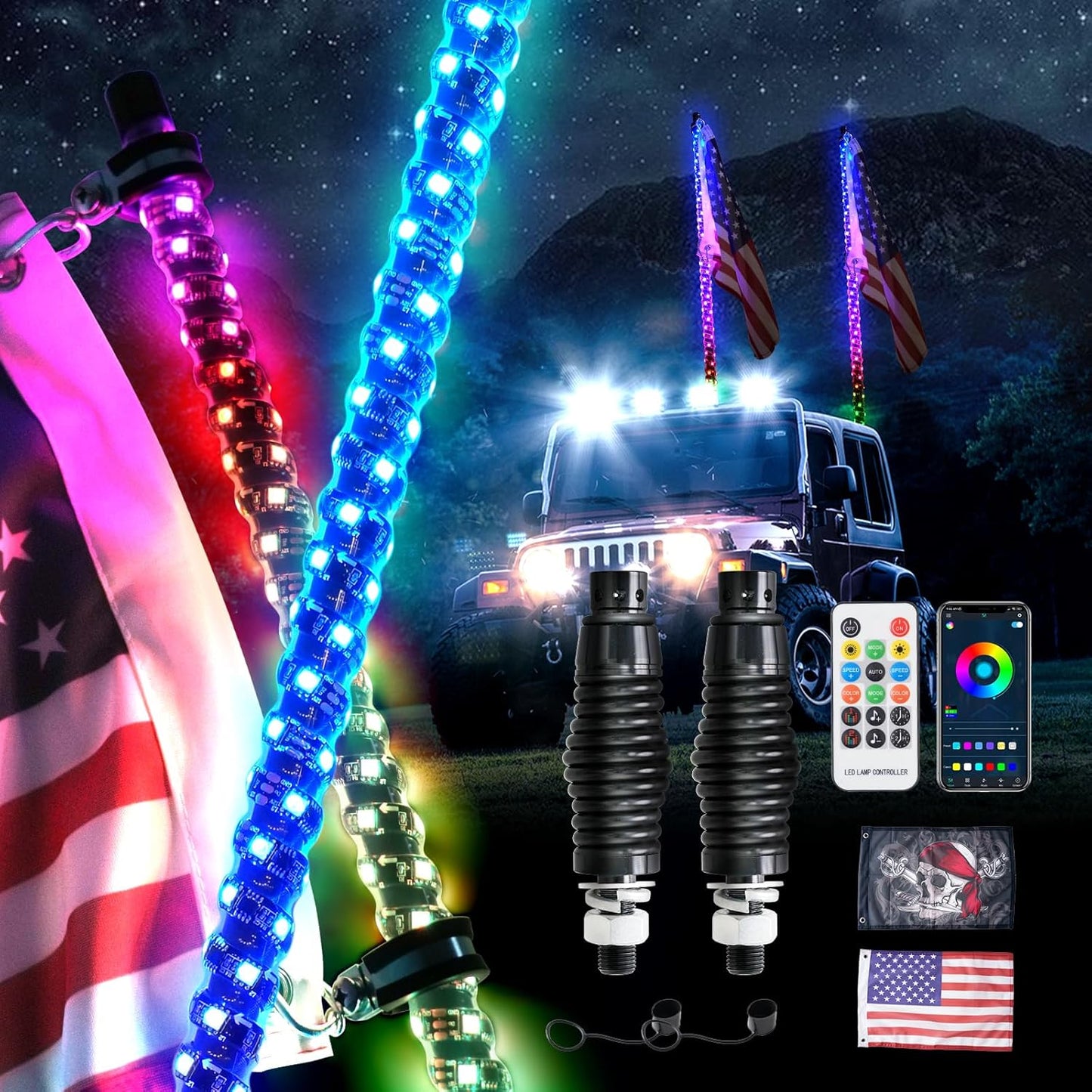 3FT RGB LED Whip Lights with Remote Control for UTV and ATV