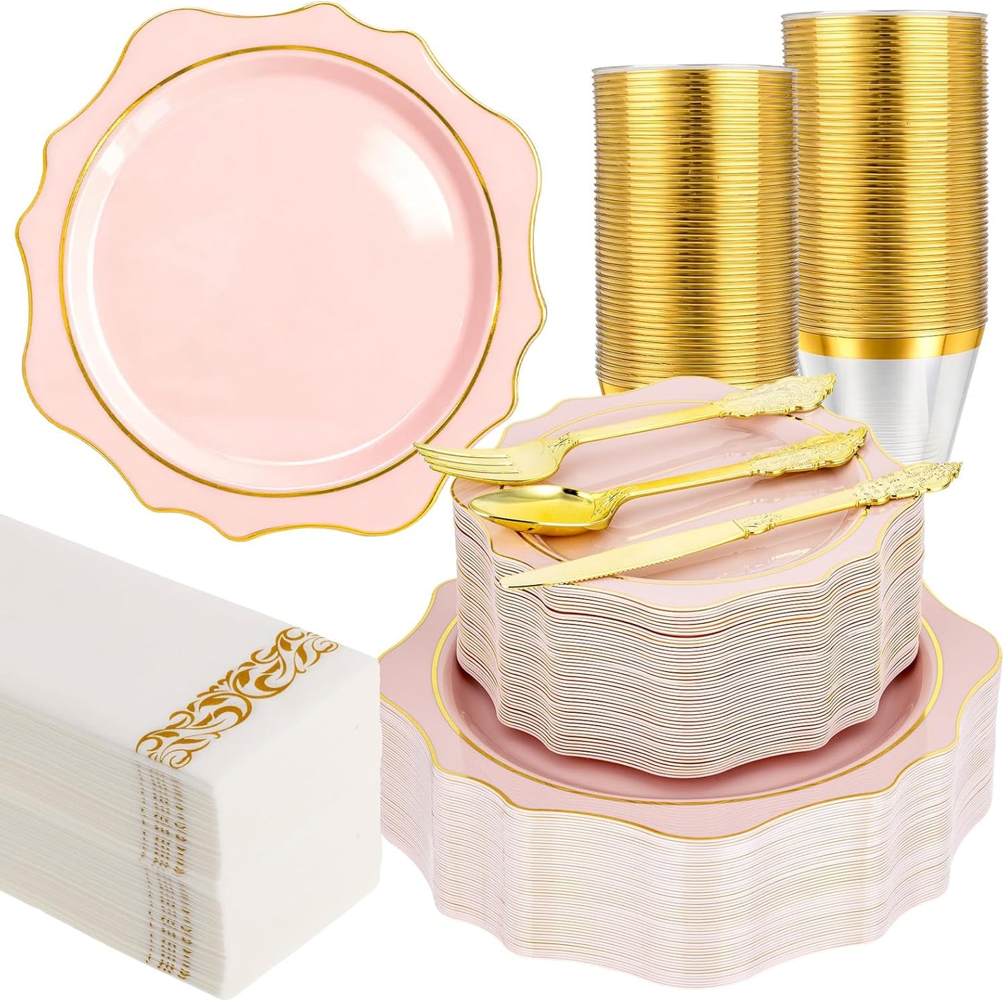 350 PCS Pink and Gold Plastic Plates for Elegant Celebrations