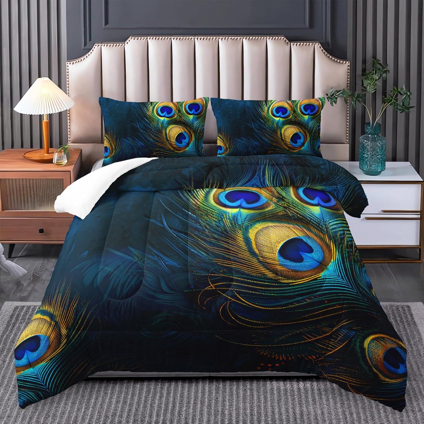 Peacock Feather Bedding Sets King for Boho and Gothic Decor
