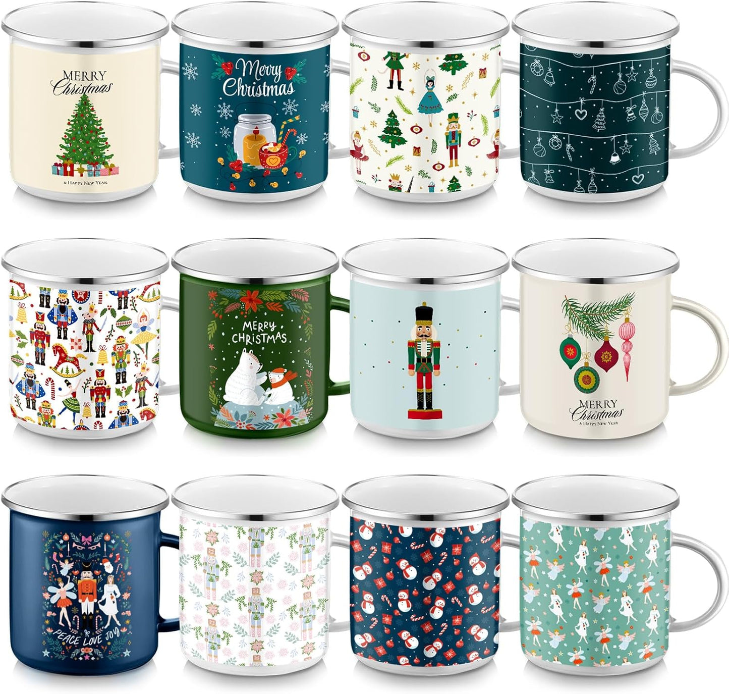 Sliner 12 Pcs Christmas Enamel Mugs Set for Holiday Cheer
