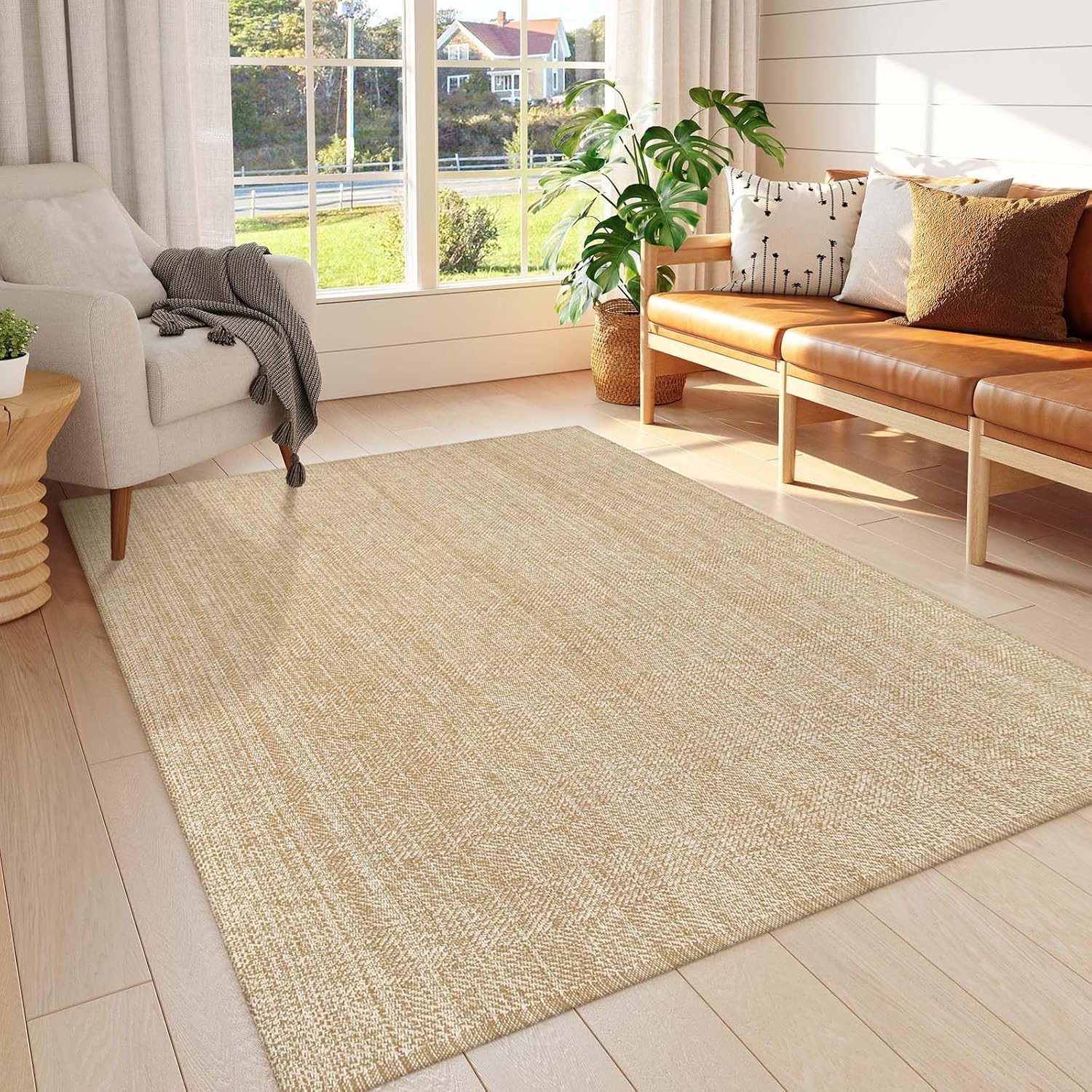 LEEVAN Bohemian Area Rug 5ft x 8ft Beige Machine Washable