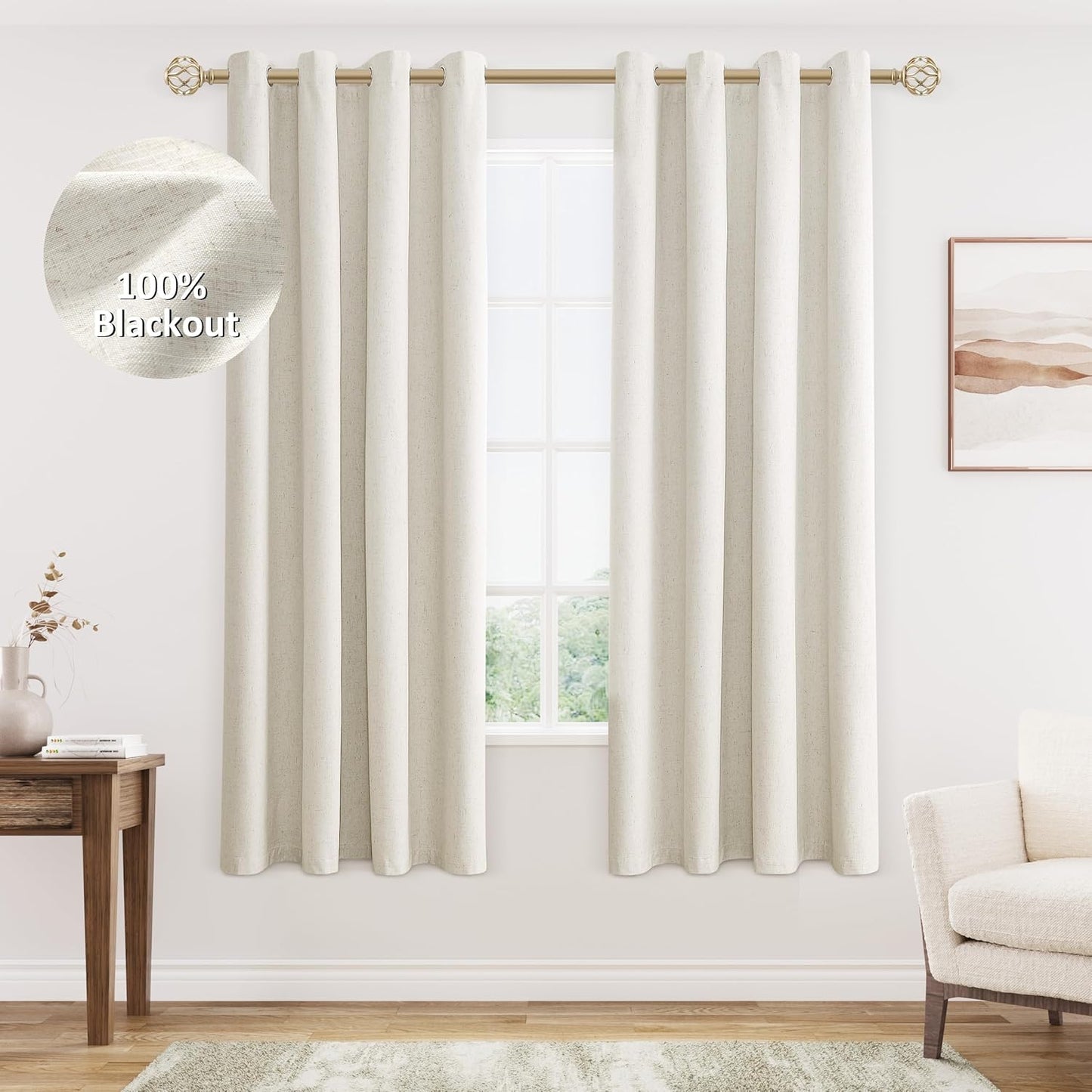 Cream Linen Blackout Curtains for Living Room and Bedroom