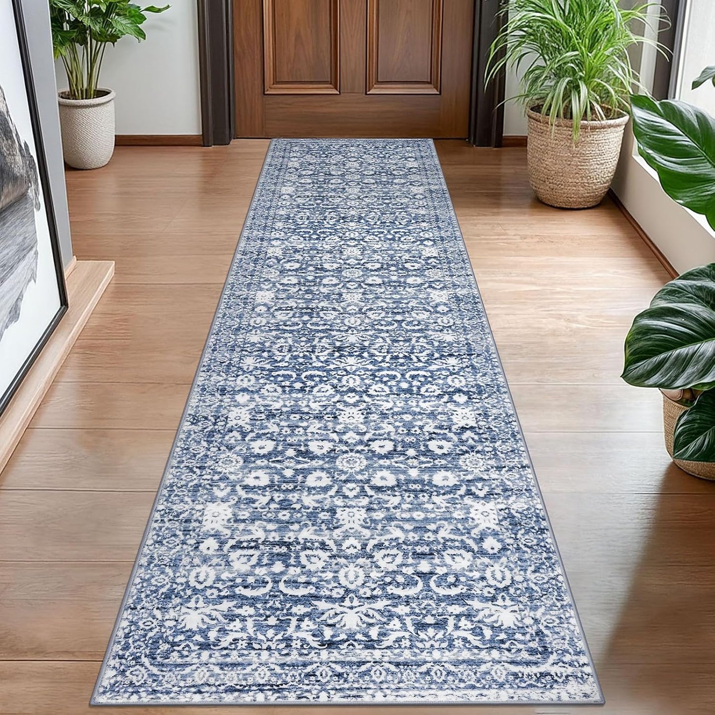 Hallway Runner Rug 2x8 Light Blue Floral Non Slip Soft Carpet