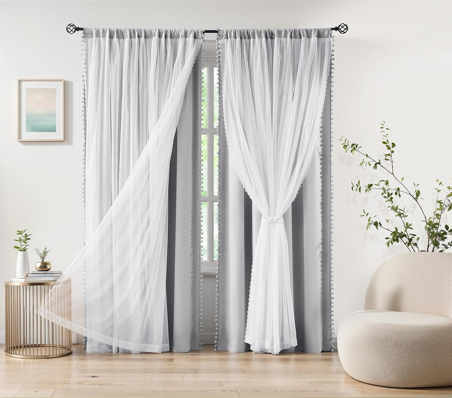 Pom-Pom Blackout Curtains with Sheer Overlay for Cozy Rooms