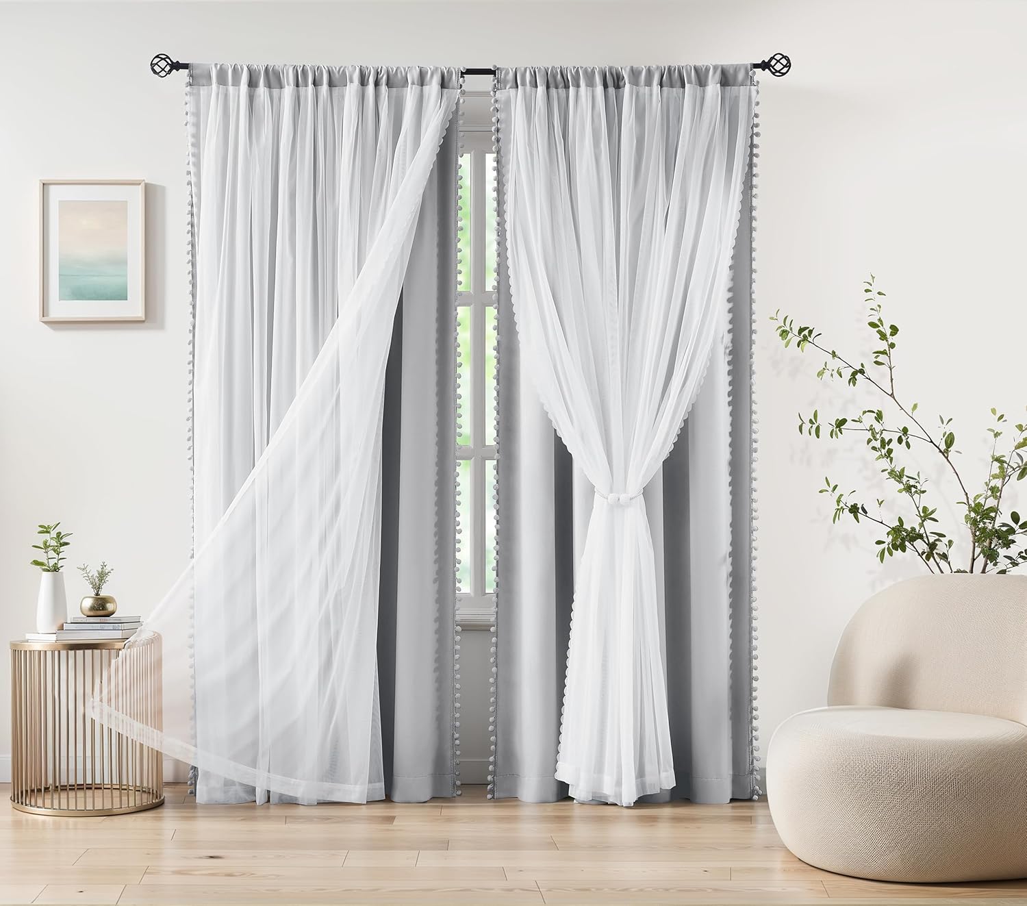 Pom-Pom Blackout Curtains with Sheer Overlay for Cozy Rooms