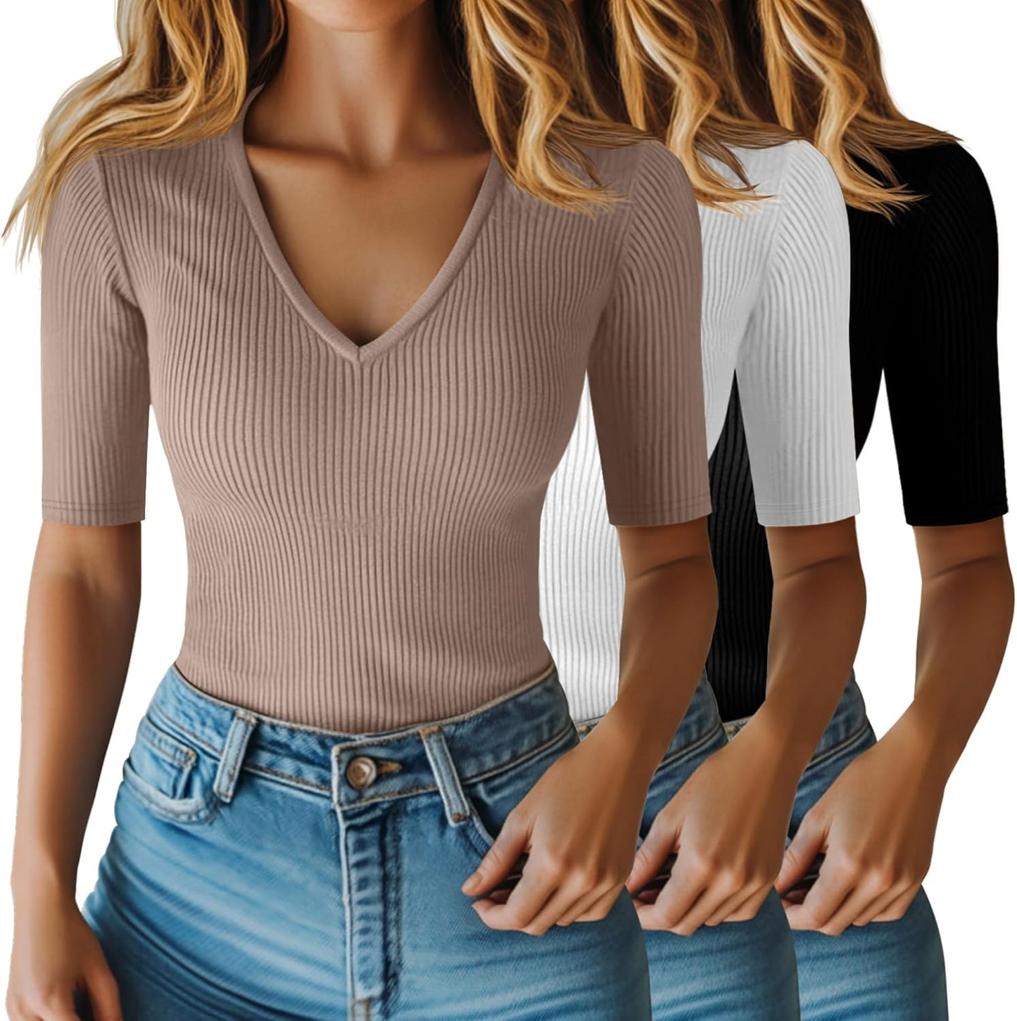 Riyiper Women's Half Sleeve Top Elbow Length Ribbed Cotton Tee